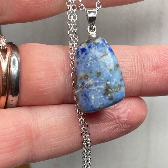 Denim Lapis Lazuli tumble pendant pyrite necklace silver plated blue gold - Picture 2 of 9